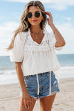 White Embroidered Lace Patchwork Tie Neck Puff Short Sleeve Blouse