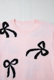 Light Pink Bow Pattern Knitted Loose Fit Sweater