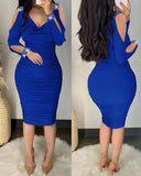 Rhinestone Decor Cold Shoulder Ruched Bodycon Dress
