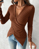 V Neck Overlap Asymmetrical Long Sleeve Top