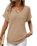V Neck Short Sleeve Waffle T Shirt Casual Pocket Design Loose Fit Top