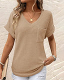 V Neck Short Sleeve Waffle T Shirt Casual Pocket Design Loose Fit Top