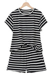 Black White Striped Short Sleeve Top and Shorts Set