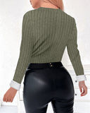 Asymmetrical Neck Long Sleeve Fleece Lined Ribbed Top Button Front Slim Fit Tee