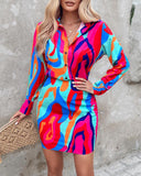 Abstract Print Long Sleeve Button Down Shirt & Skirt Set