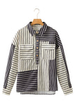 Black Stripe 2-tone Patchwork Half Buttons Chest Pockets Casual Blouse