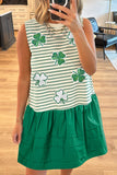 Green Stripe Sequin Clover Patched Contrast Skirt Patchwork Mini Dress