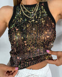 Allover Sequin O neck Sleeveless Tank Tops Slim Fitted Shirt