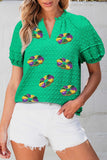Bright Green Mardi Gras Sequin Graphic Notched Neck Textured Blouse