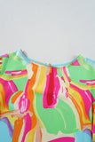 Multicolour Abstract Print Keyhole Back Pleated Half Sleeve Blouse