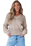 Brown Eyelet Pattern Detail V Neck Drop Shoulder Sweater