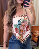 Floral Print Spaghetti Strap Bandeau Tied Detail Tank Sexy Backless Vacation Top