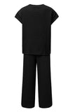 Black Solid Color Textured Short Sleeve Top and Casual Pants Set