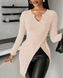 Chain Decor Slit Keyhole Neck Top