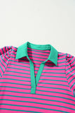 Pink Stripe Collared V Neck Puff Sleeve T Shirt Dress