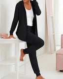 2 Piece Open Front Long Sleeve Hooded Top Drawstring Cuffed Pants Lounge Outfit Tracksuit Set