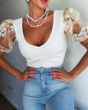 Sheer Mesh Floral Embroidery V Neck Short Sleeve Shirt Sexy See Through Threaded Top