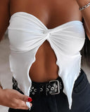 Sexy Bandeau Front Slit Sleevless Tank Casual Button Asymmetrical Hem Top