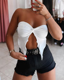 Sexy Bandeau Front Slit Sleevless Tank Casual Button Asymmetrical Hem Top