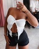 Sexy Bandeau Front Slit Sleevless Tank Casual Button Asymmetrical Hem Top