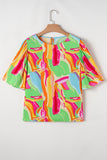 Multicolour Abstract Print Keyhole Back Pleated Half Sleeve Blouse