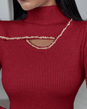 Rhinestone High Neck Long Sleeve Knit Sweater Fleece Lined Basic Layering Soft Thermal Top