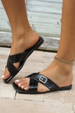 Black Criss Cross Rhinestone Buckle Decor Square Toe Slippers