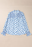 Sky Blue Boho Floral Printed Lantern Sleeve Frilled Neck Shirred Shirt