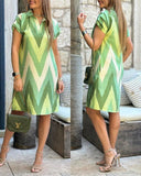 Chevron Print Colorblock Pocket Design Casual Dress