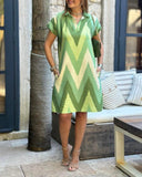 Chevron Print Colorblock Pocket Design Casual Dress