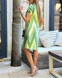 Chevron Print Colorblock Pocket Design Casual Dress