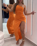 One Shoulder Sleeveless Ruched Dress Casual Side High Slit Maxi Dress