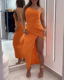 One Shoulder Sleeveless Ruched Dress Casual Side High Slit Maxi Dress