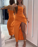 One Shoulder Sleeveless Ruched Dress Casual Side High Slit Maxi Dress