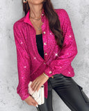 Allover Sequin Button down Long Sleeve Shirt Top