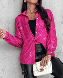 Allover Sequin Button down Long Sleeve Shirt Top