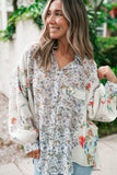 Purple Boho Floral Bishop Sleeve Button Up Loose Shirt