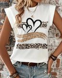 Leopard Print Heart Pattern Cap Sleeve T Shirt Casual Loose Fit Tank Top