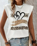 Leopard Print Heart Pattern Cap Sleeve T Shirt Casual Loose Fit Tank Top