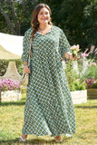 Green Geometric Floral Print Half Sleeve Plus Size Maxi Dress