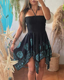 Tribal Print Halter Sleeveless Shirred Mini Dress Casual Bandeau Asymmetrical Vacation Dress