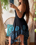 Tribal Print Halter Sleeveless Shirred Mini Dress Casual Bandeau Asymmetrical Vacation Dress