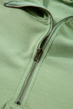 Smoke Green Fleece Lined Half Zipper Kangaroo Pockets Loose Hoodie