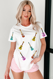 White Guitar Patched Graphic Crew Neck Tee