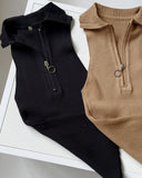 Sleeveless Polo Neck Metal Zipper Front Tank Casual Slim Fit Knit Top