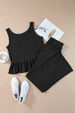 Black Solid Color Ribbed Ruffle Tank Top and Pants Set