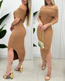 Off Shoulder Side Slit Knit Bodycon Dress