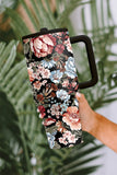 Black Flower Print Handle Large Vacuum Cup 40oz