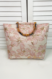Light Pink Flower Canvas Tote Bag with Bamboo Handle