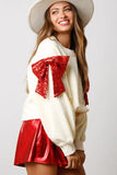 Beige Sequin Bow Decor Drop Shoulder Christmas Sweatshirt